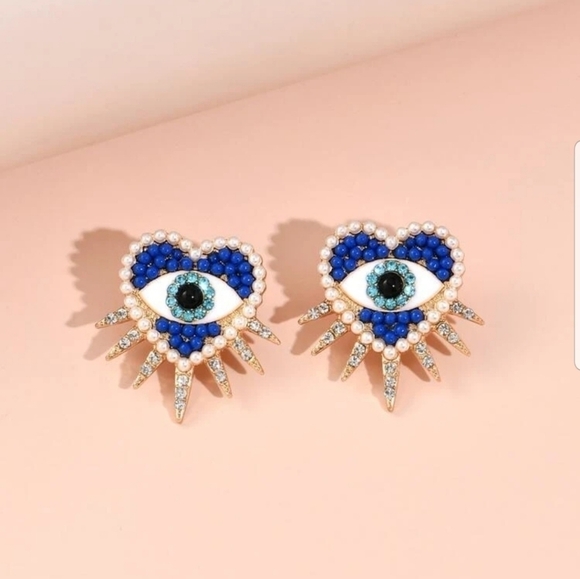 BRIGHT BLUE Evil Eye Heart Earrings 👁💙✨ | Faux Pearl + Spike Glam | NWT - Picture 1 of 4